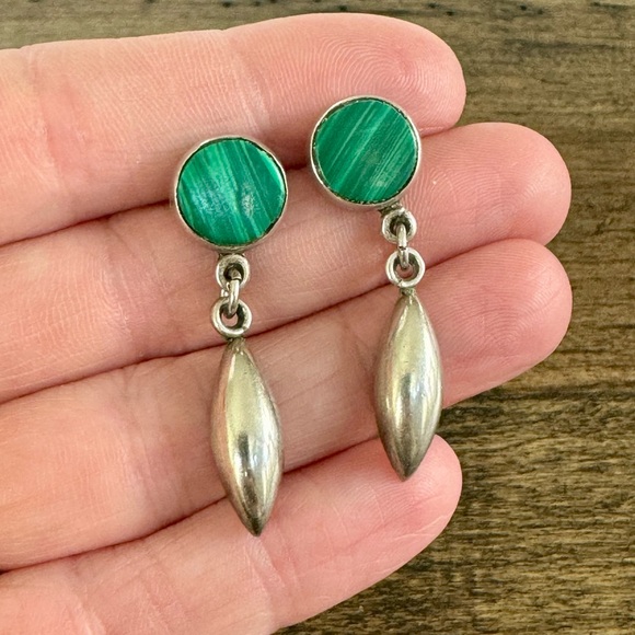 Jewelry - Vintage Southwest Signed Mexico 925 Silver Malachite Dangle Pierced Earrings